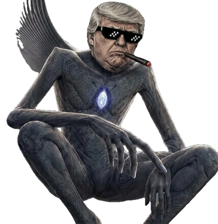 No Intelligence: a grey winged figure in pixel sunglasses, crouched with a cigar