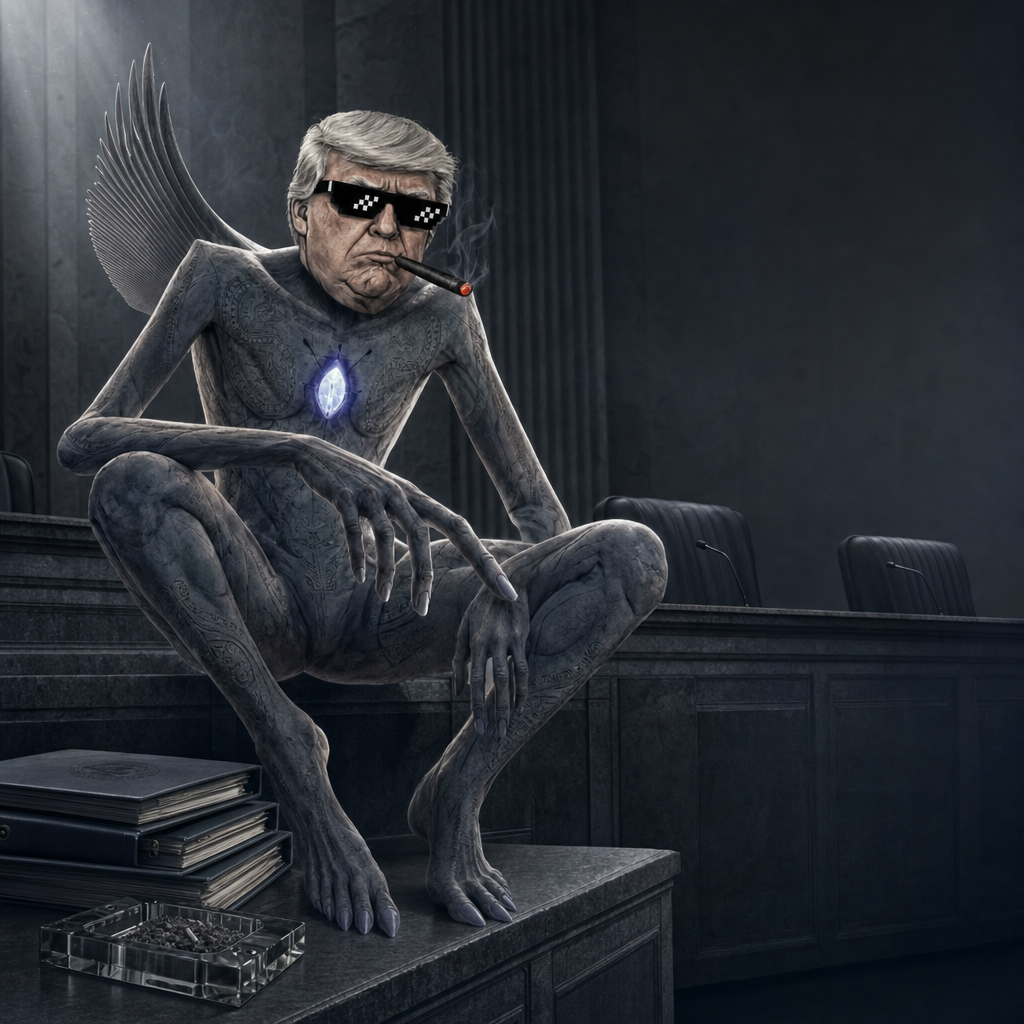 The figure crouched on a hearing-room bench beside sealed binders and an ashtray
